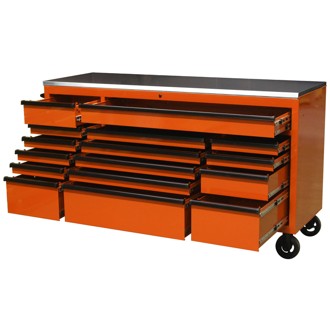 Maxim Pro Series 72” Workstation - 72” Roll cabinet +/- Stainless Steel Top MAXIM 72” Orange 16 Drawer Roll Cabinet Toolbox