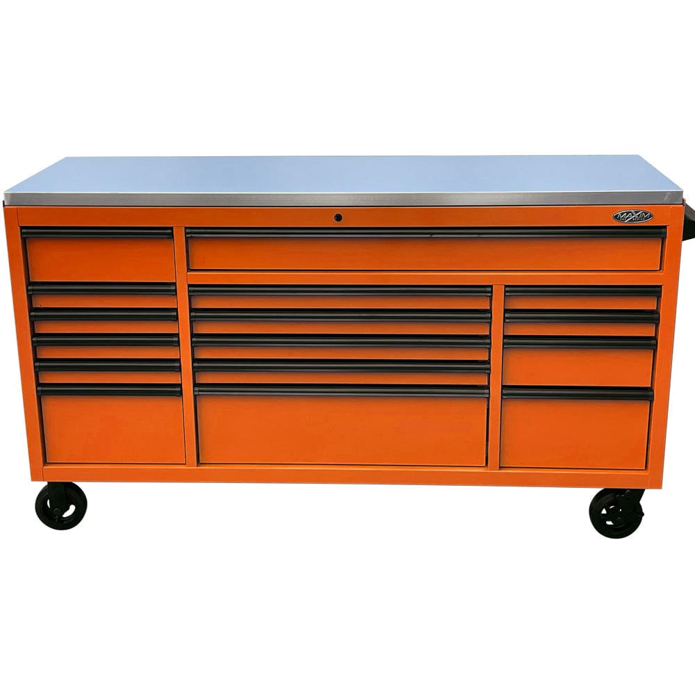 Maxim Pro Series 72” Workstation - 72” Roll cabinet +/- Stainless Steel Top MAXIM 72” Orange 16 Drawer Roll Cabinet Toolbox