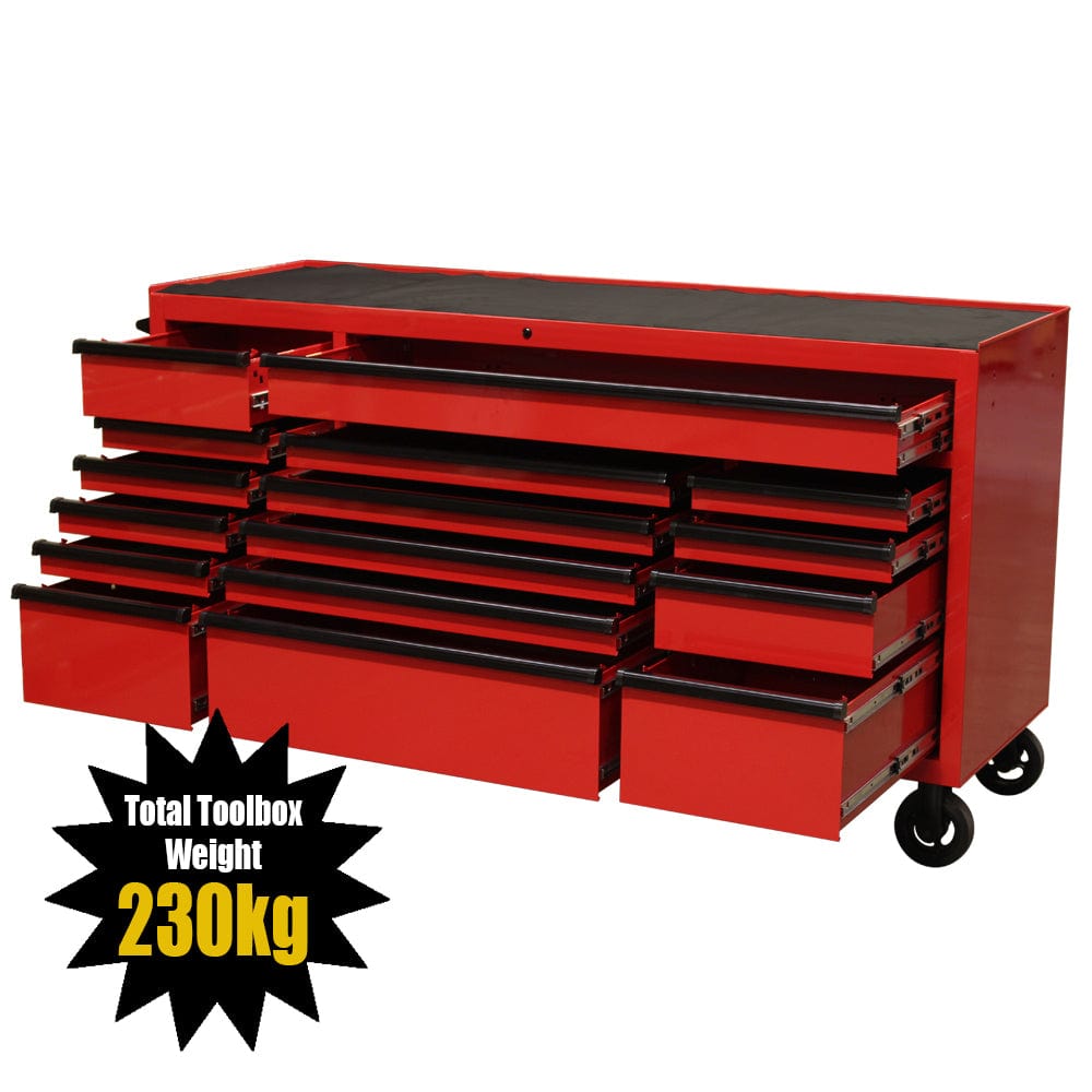 Maxim Pro Series 72” Workstation - 72” Roll cabinet +/- Stainless Steel Top MAXIM 72” Red 16 Drawer Roll Cabinet Toolbox