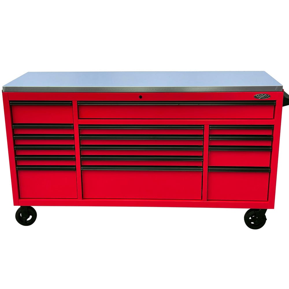 Maxim Pro Series 72” Workstation - 72” Roll cabinet +/- Stainless Steel Top MAXIM 72” Red 16 Drawer Roll Cabinet Toolbox