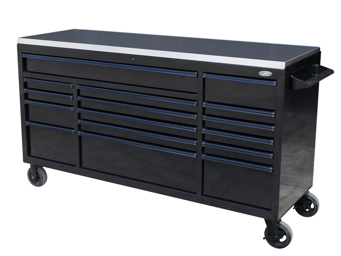 Maxim Pro Series 72” Workstation - 72” Roll cabinet +/- Stainless Steel Top Stainless Steel Top MAXIM 72” Black 16 Drawer Roll Cabinet Toolbox