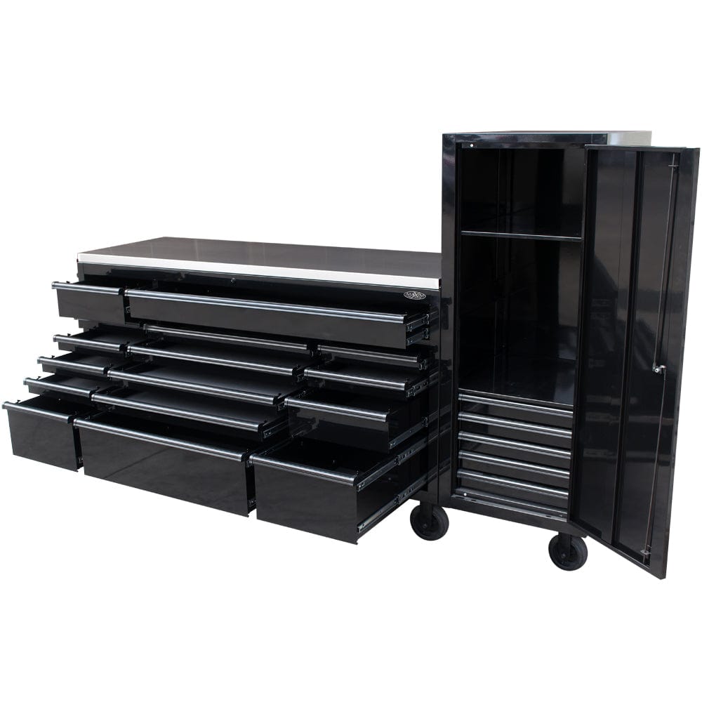 Maxim Pro Series 72” Workstation - 72” Roll cabinet +/- Stainless Steel Top Stainless Steel Top MAXIM 72” Black 21 Drawers Roll Cabinet & Locker