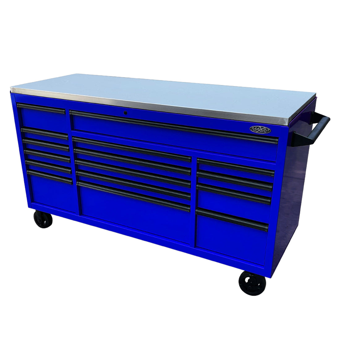 Maxim Pro Series 72” Workstation - 72” Roll cabinet +/- Stainless Steel Top Stainless Steel Top MAXIM 72” Blue 16 Drawer Roll Cabinet Toolbox