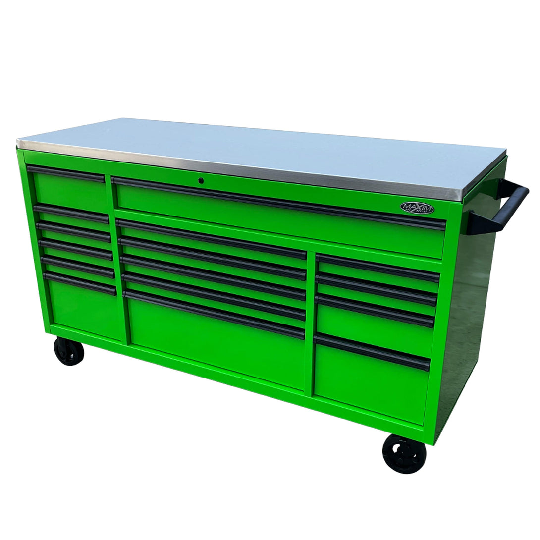 Maxim Pro Series 72” Workstation - 72” Roll cabinet +/- Stainless Steel Top Stainless Steel Top MAXIM 72” Green 16 Drawer Roll Cabinet Toolbox