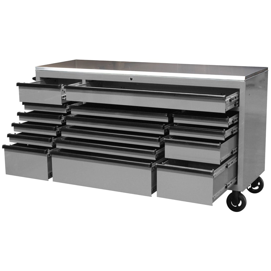 Maxim Pro Series 72” Workstation - 72” Roll cabinet +/- Stainless Steel Top Stainless Steel Top MAXIM 72” Nardo Grey 16 Drawer Roll Cabinet Toolbox