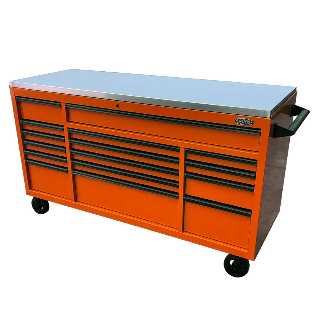 Maxim Pro Series 72” Workstation - 72” Roll cabinet +/- Stainless Steel Top Stainless Steel Top MAXIM 72” Orange 16 Drawer Roll Cabinet Toolbox