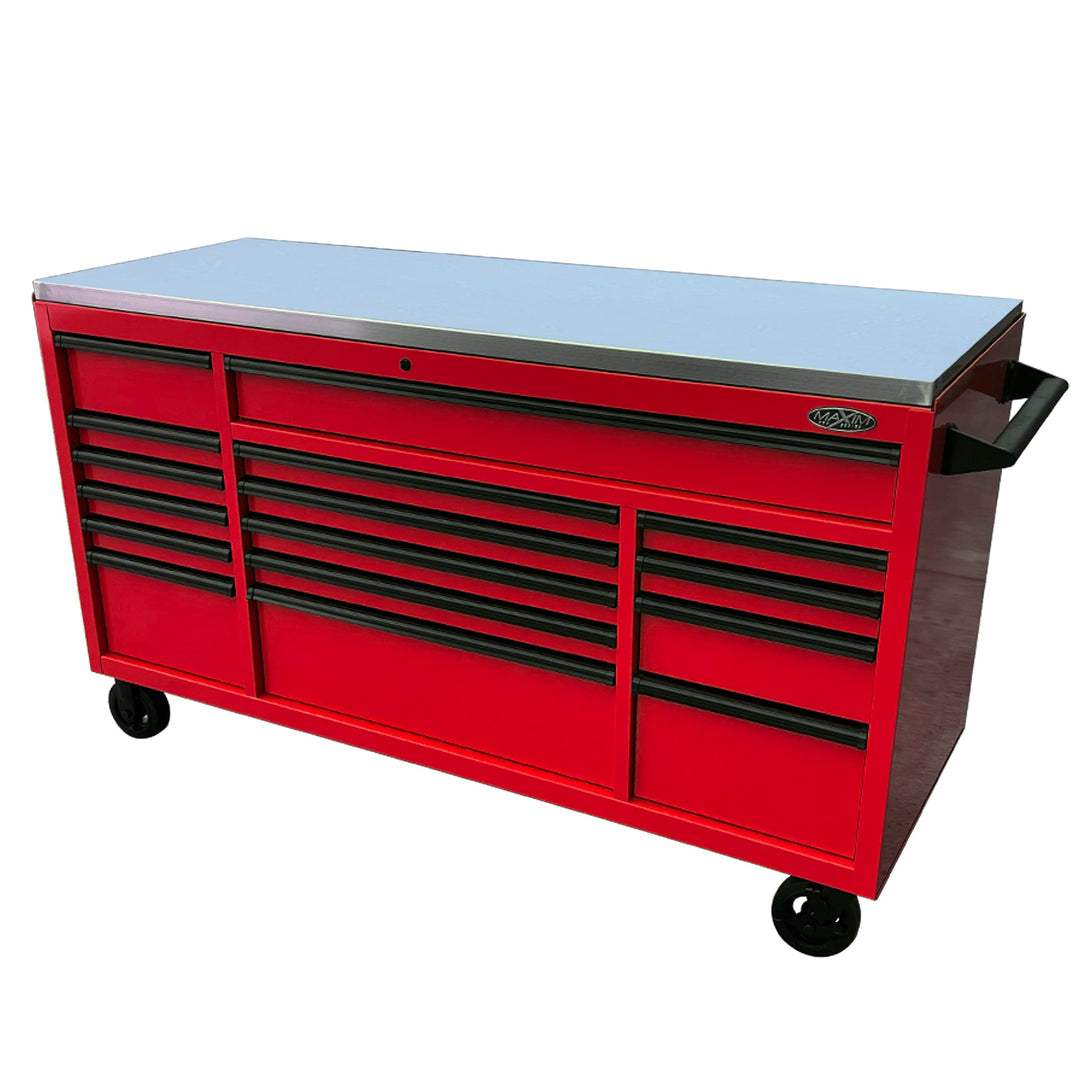 Maxim Pro Series 72” Workstation - 72” Roll cabinet +/- Stainless Steel Top Stainless Steel Top MAXIM 72” Red 16 Drawer Roll Cabinet Toolbox