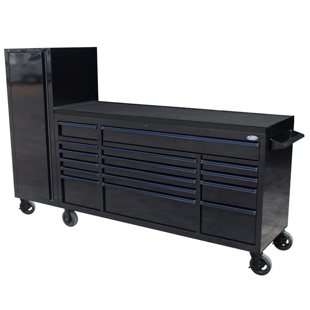 Maxim Pro Series 72” Workstation - 72” Roll cabinet +/- Stainless Steel Top Standard Top / Black MAXIM 72” 21 Drawers Roll Cabinet & Locker