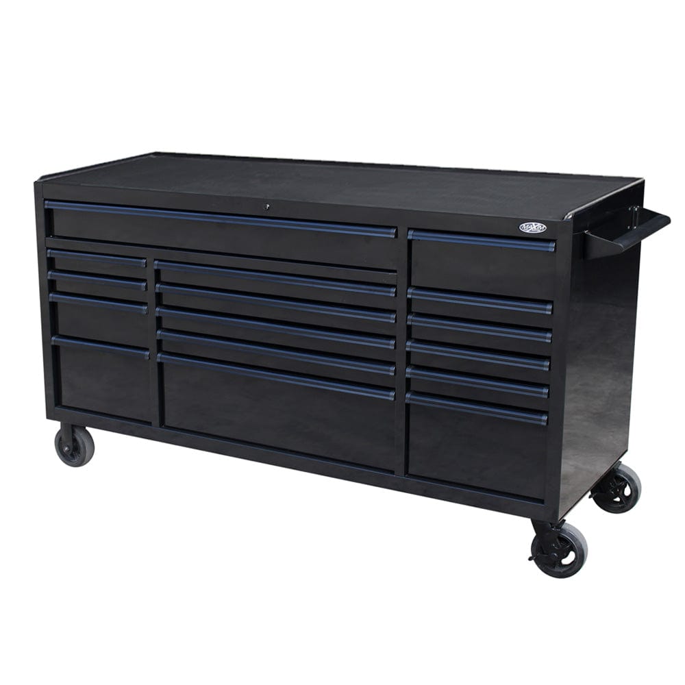 Maxim Pro Series 72” Workstation - 72” Roll cabinet +/- Stainless Steel Top Standard Top MAXIM 72” Black 16 Drawer Roll Cabinet Toolbox