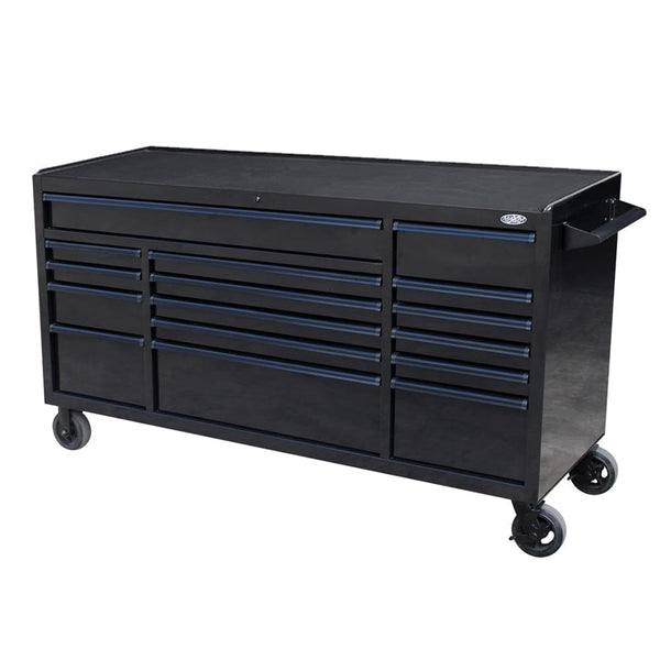 Maxim Pro Series 72” Workstation - 72” Roll cabinet +/- Stainless Steel Top Standard Top MAXIM 72” Black 16 Drawer Roll Cabinet Toolbox
