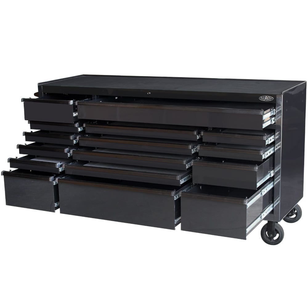 Maxim Pro Series 72” Workstation - 72” Roll cabinet +/- Stainless Steel Top Standard Top MAXIM 72” Black 16 Drawer Roll Cabinet Toolbox