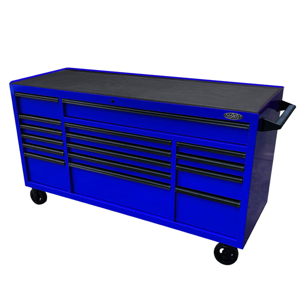 Maxim Pro Series 72” Workstation - 72” Roll cabinet +/- Stainless Steel Top Standard Top MAXIM 72” Blue 16 Drawer Roll Cabinet Toolbox