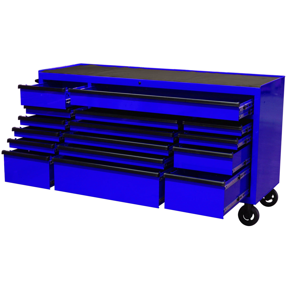 Maxim Pro Series 72” Workstation - 72” Roll cabinet +/- Stainless Steel Top Standard Top MAXIM 72” Blue 16 Drawer Roll Cabinet Toolbox