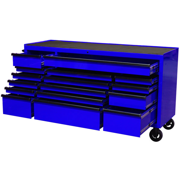 Maxim Pro Series 72” Workstation - 72” Roll cabinet +/- Stainless Steel Top Standard Top MAXIM 72” Blue 16 Drawer Roll Cabinet Toolbox