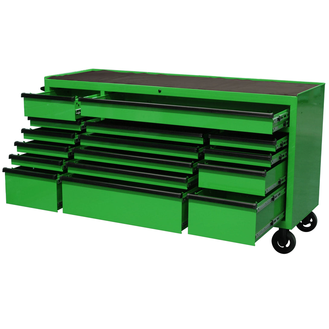 Maxim Pro Series 72” Workstation - 72” Roll cabinet +/- Stainless Steel Top Standard Top MAXIM 72” Green 16 Drawer Roll Cabinet Toolbox