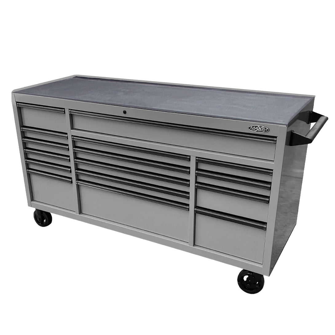 Maxim Pro Series 72” Workstation - 72” Roll cabinet +/- Stainless Steel Top Standard Top MAXIM 72” Nardo Grey 16 Drawer Roll Cabinet Toolbox