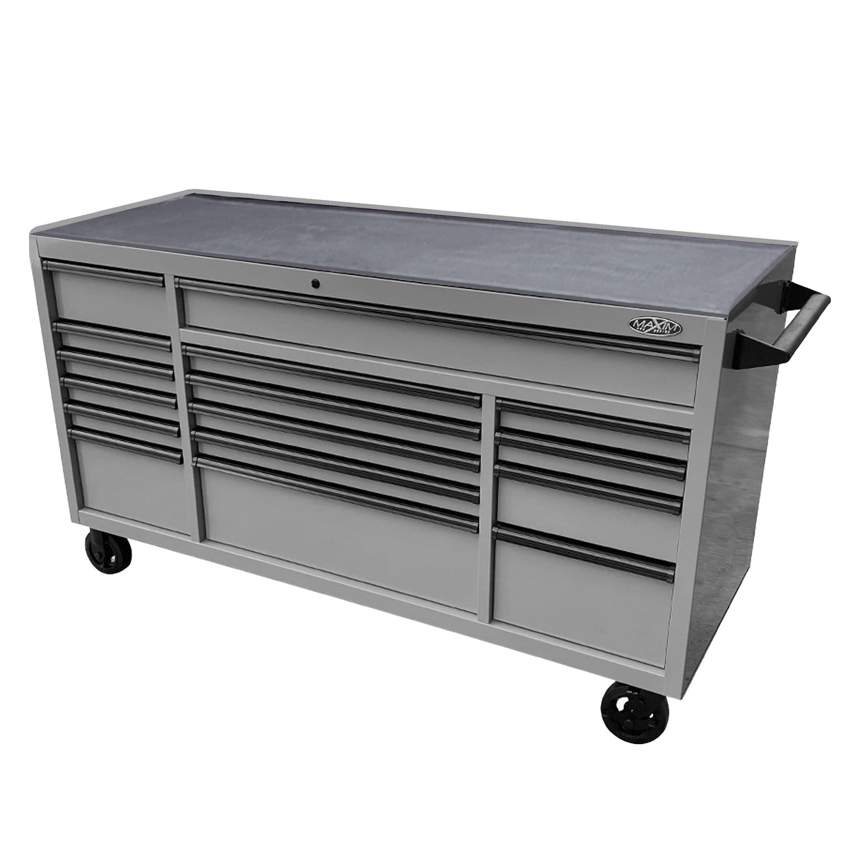 Maxim Pro Series 72” Workstation - 72” Roll cabinet +/- Stainless Steel Top Standard Top MAXIM 72” Nardo Grey 16 Drawer Roll Cabinet Toolbox
