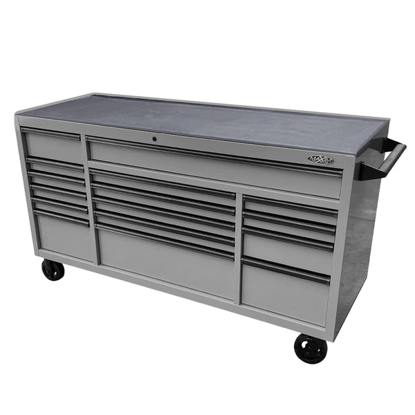 Maxim Pro Series 72” Workstation - 72” Roll cabinet +/- Stainless Steel Top Standard Top MAXIM 72” Nardo Grey 16 Drawer Roll Cabinet Toolbox