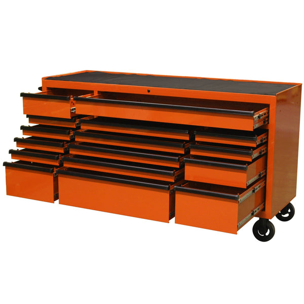 Maxim Pro Series 72” Workstation - 72” Roll cabinet +/- Stainless Steel Top Standard Top MAXIM 72” Orange 16 Drawer Roll Cabinet Toolbox