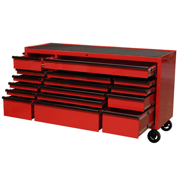 Maxim Pro Series 72” Workstation - 72” Roll cabinet +/- Stainless Steel Top Standard Top MAXIM 72” Red 16 Drawer Roll Cabinet Toolbox