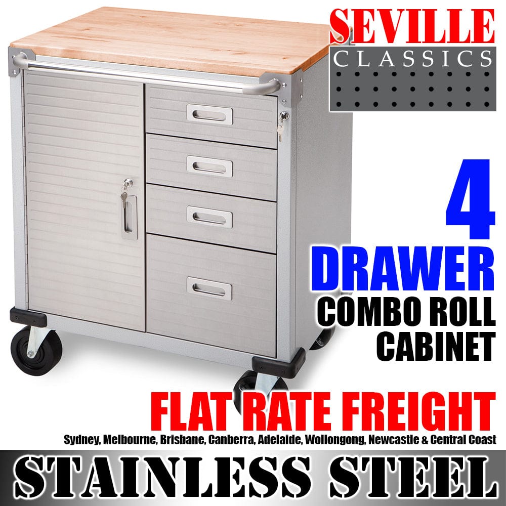 Seville Classics GS - 48” Roll cabinet SEVILLE CLASSICS 4 Drawer Combo Timber Top Roll Cabinet