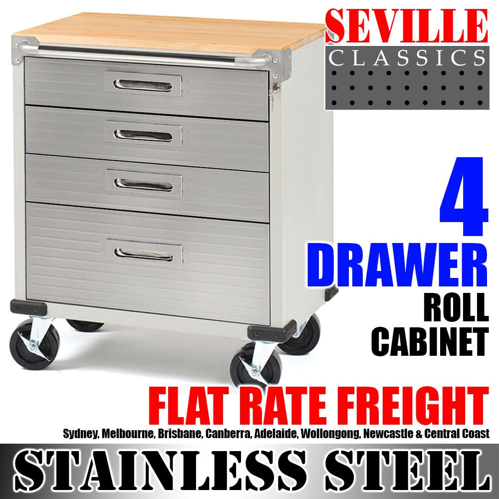 Seville Classics GS - 48” Roll cabinet SEVILLE CLASSICS Ultra HD 4 Drawer Timber Top Mobile Roll Cabinet