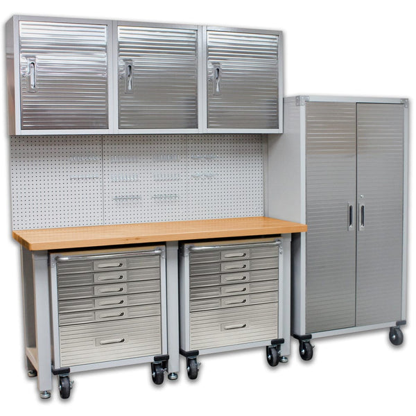 Seville Classics GS - 8 piece SEVILLE CLASSICS  8 Piece Garage Storage System Wall Mounted - Timber Top Workbench, Cabinet & 6 Drawer Rolling Cabinets