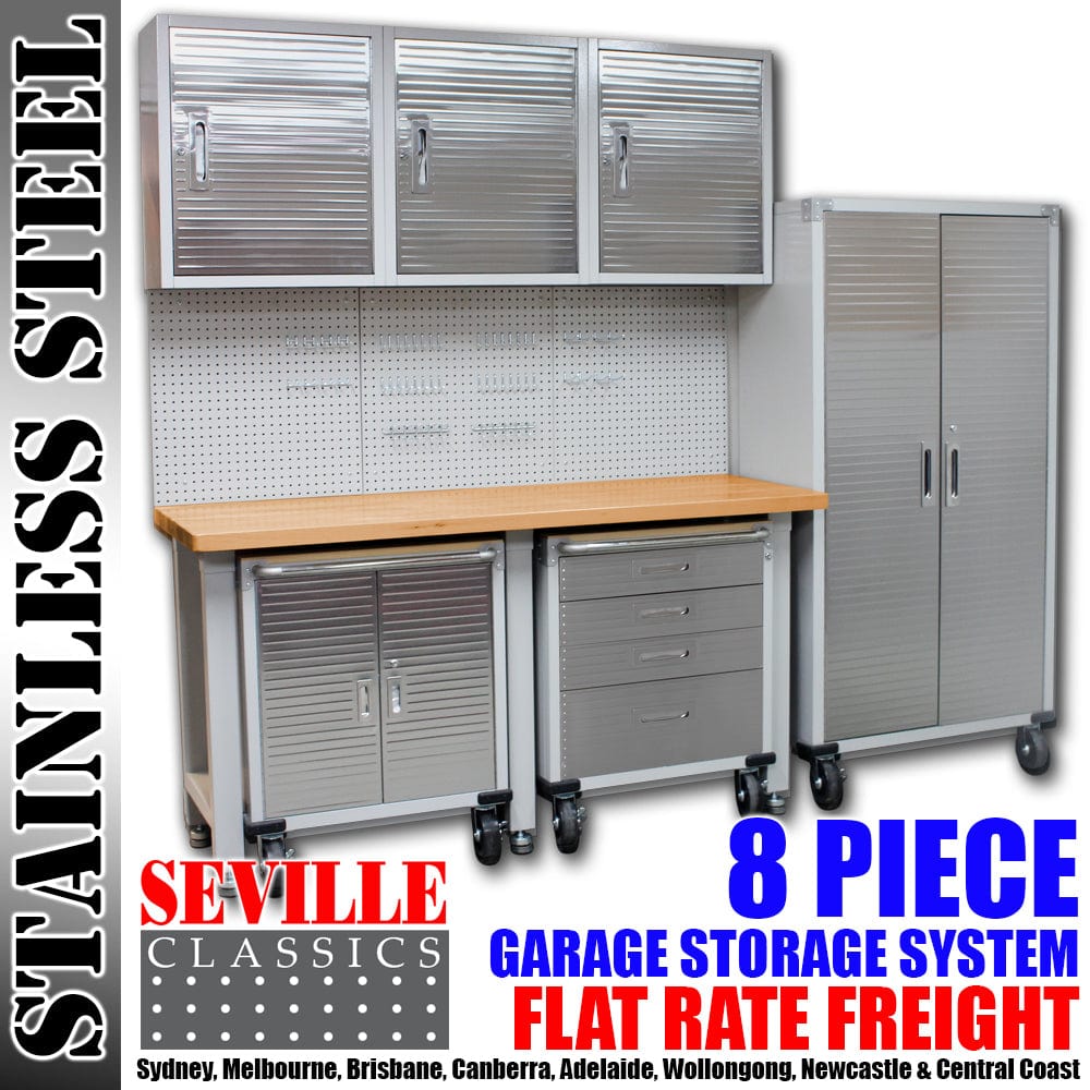 Seville Classics GS - 8 piece SEVILLE CLASSICS  8 Piece Garage Storage System Wall Mounted - Timber Top Workbench, Cabinet & Rolling Cabinets