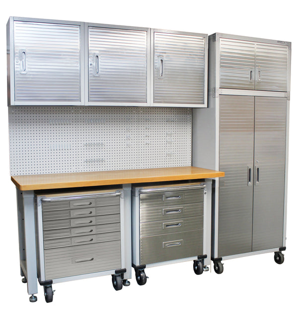 Seville Classics GS - 9 piece SEVILLE CLASSICS 10 Piece Garage Storage System + Mounting Kit - Timber Top Workbench, Cabinet & 6 Draw Rolling Cabinets