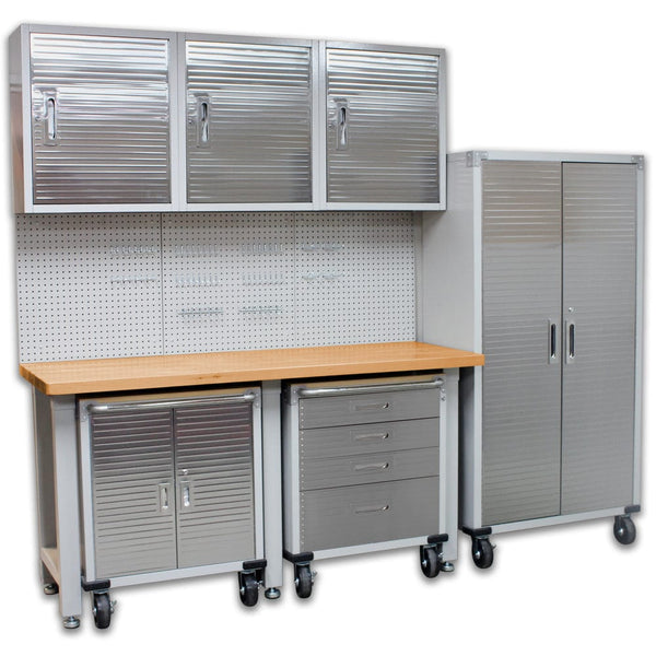 Seville Classics GS - 9 piece SEVILLE CLASSICS 9 Piece Garage Storage System + Mounting Kit - Timber Top Workbench, Rolling Upright Cabinet