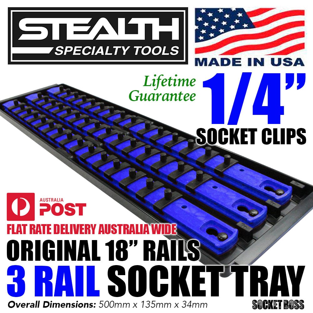 Stealth Speciality Tools Tool Organisers STEALTH 3 x 18" Blue Rail 1/4" Socket Organiser with Tray