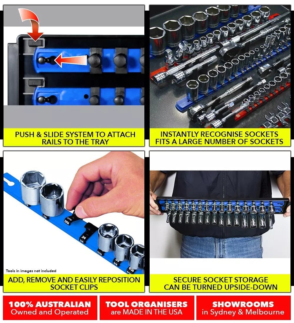 Stealth Speciality Tools Tool Organisers STEALTH 3 x 18" Rails Twist Lock Socket Tray Organiser 1/4", 3/8" 1/2"